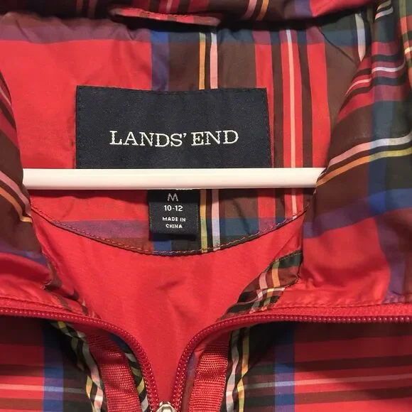 Lands End Womens Sz M Down Fill Red Tartan Plaid Puffer Vest Full Zip Preppy - Picture 4 of 6